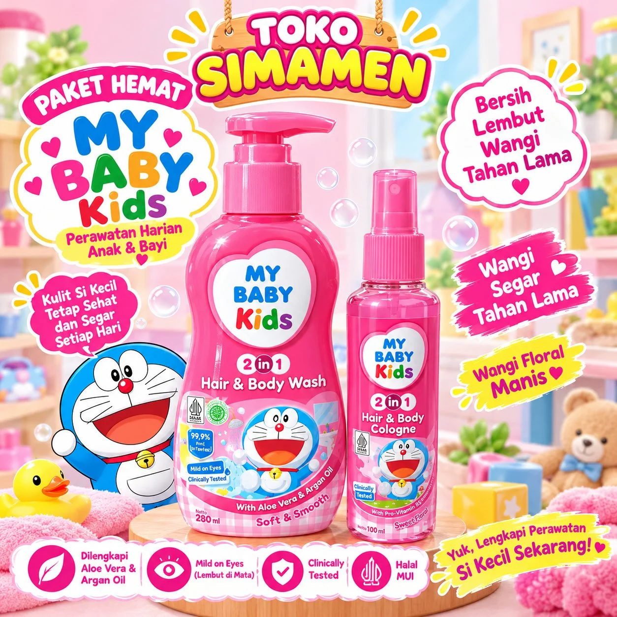My Baby hair & Bodywash 280ml+My Baby Cologne 100ml Soft & Smooth, paket hemat My Baby